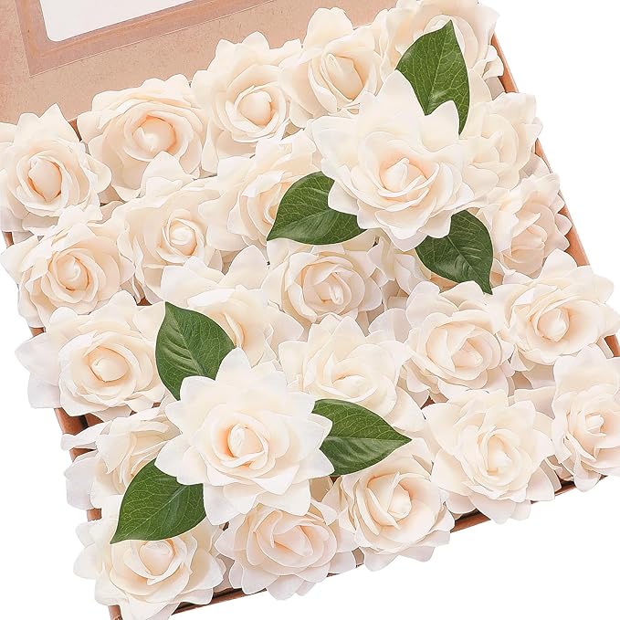 Floroom Artificial Gardenia Flowers 2.7" 25pcs Real Looking Cream Foam Fake Flowers with Stems for DIY Wedding Bouquets Bridal Shower Centerpieces Floral Arrangements Party Tables Home Decorations