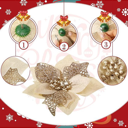 WILLBOND 36 Pieces Christmas Poinsettia Glitter Faux Flowers Christmas Artificial Flowers Tree Ornaments Topper Xmas Decorations(Champagne)