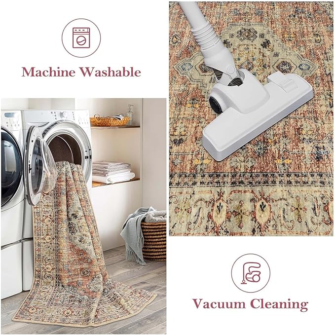 Lahome Oriental Door Mat Indoor Entrance, 2x3 Washable Fall Indoor Rugs for Entryway Soft Small Kitchen Rugs Non Slip Ultra-Thin, Vintage Door Mat Carpet for Bedroom Bathroom, Peach/Orange
