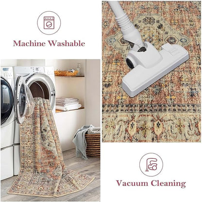 Lahome Oriental Door Mat Indoor Entrance, 2x3 Washable Fall Indoor Rugs for Entryway Soft Small Kitchen Rugs Non Slip Ultra-Thin, Vintage Door Mat Carpet for Bedroom Bathroom, Peach/Orange