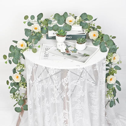 TOCHGREEN 2 Pack 13Ft Artificial Eucalyptus Flower Garland with White Roses, Fake Rose Flower Greenery Garland Floral Vines for Wedding Home Party Table Runner Decor (2PCS, White)