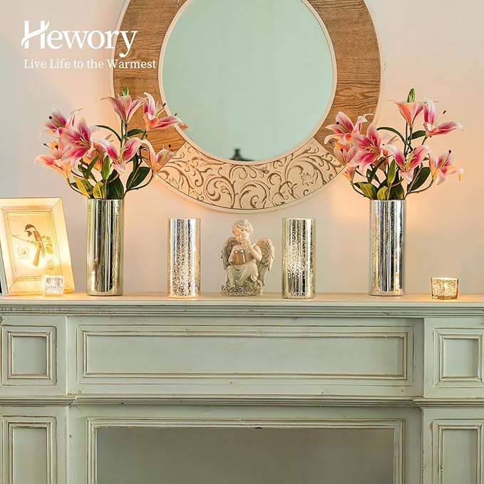 Glass Cylinder Vases Set of 24, Hewory Glittery Gold Vase for Centerpieces, Glass Hurricane Candle Holders for Pillar Floating Candle, Tall Round Vase for Wedding Anniversary Events Home Table Decor