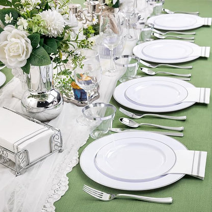 SUT 175 Piece Silver and White Plastic Dinnerware Set for 25 Guests, Disposable Plastic Plates, Include: 25 Dinner Plates, 25 Dessert Plates, 25 Pre Rolled Napkins with Silver Silverware, 25 Cups