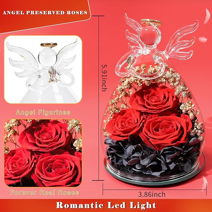 Beferr Christmas Birthday Gifts for Women, Mom Gifts for Christmas Fresh Flowers for Delivery Prime Forever Preserved Rose in Glass Angel Figurine Xmas Gifts for Grandma Wife Sister Her, Black & Red