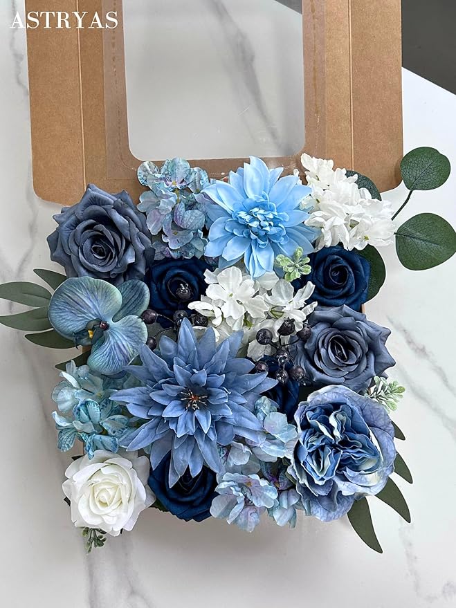 ASTRYAS Dusty Blue Artificial Flowers Combo Fake Silk Dahlia Roses with Stem for DIY Wedding Bouquet Arrangements Bridal Shower Party Home Decorations