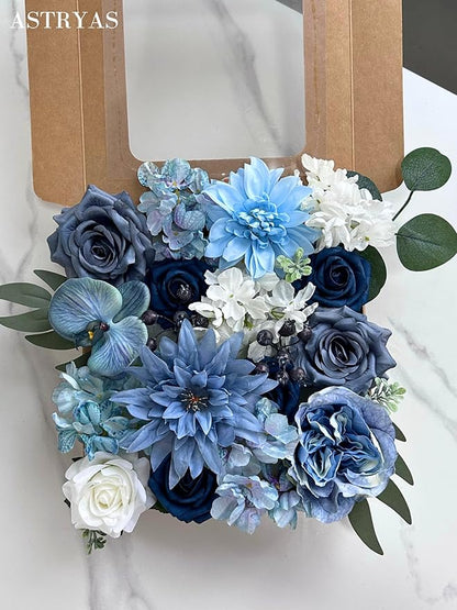 ASTRYAS Dusty Blue Artificial Flowers Combo Fake Silk Dahlia Roses with Stem for DIY Wedding Bouquet Arrangements Bridal Shower Party Home Decorations