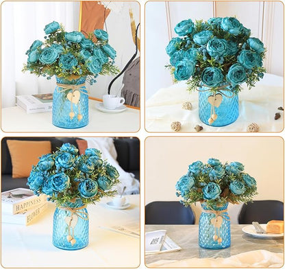 Fake Flowers in Vase,Fake Flowers with Vase,21 Pcs Faux Peony Flowers,Artificial Flowers for Home Decor, Indoor Centerpiece for Living Room & Dining Table (Blue)