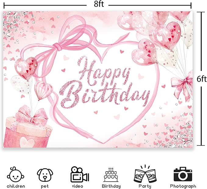 Coquette Happy Birthday Backdrop 8Wx6H Photography Pink Bow Heart Balloons Preppy Diamonds Sweet Princess Background for Girls Bachelorette Party Decorations Banner Photo Booth Props Supplies