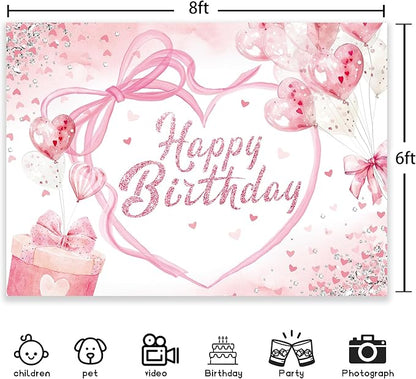 Coquette Happy Birthday Backdrop 8Wx6H Photography Pink Bow Heart Balloons Preppy Diamonds Sweet Princess Background for Girls Bachelorette Party Decorations Banner Photo Booth Props Supplies