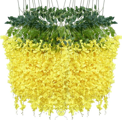 Artificial Wisteria Hanging Flowers Fake Wisteria Flower Garland Silk Vines Rattan Decor for Home Wedding Arch Wall Garden Greenery Bedroom Outdoor Office Party Decoration (12, Yellow)