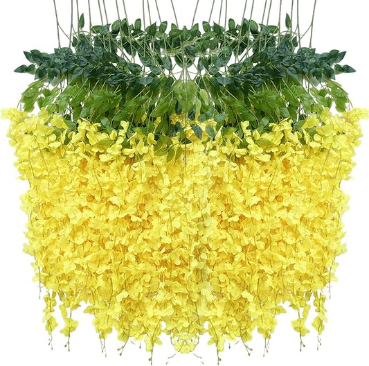 Artificial Wisteria Hanging Flowers Fake Wisteria Flower Garland Silk Vines Rattan Decor for Home Wedding Arch Wall Garden Greenery Bedroom Outdoor Office Party Decoration (12, Yellow)