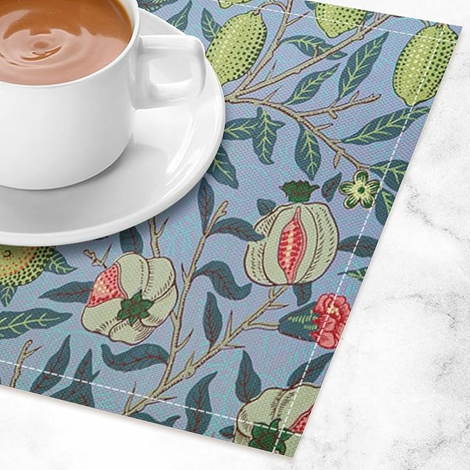 Vintage Fruit Placemats Set of 4, William Morris Retro Boho Flower Botanical Plant Place Mats, Heat Resistant Non Slip Cotton Linen Dining Table Mats for Home Kitchen Party 18x12 Inch