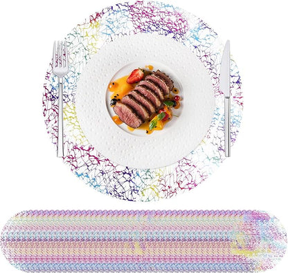 Hysenm 50 Pcs Disposable Colorful Placemats Set Metallic 13 Inch Round Table Doilies, Ultra-Thin Messy Lines Disposable Placement Mats for Home Decoration Dining Table Wedding Birthday Party