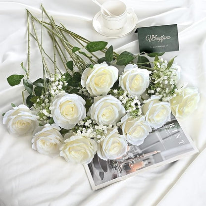Waipfaru 20 Pcs Fake White Roses Babys Breath Artificial Flowers Bulk, Silk White Rose Faux Babys Breath with Long Stems for Wedding Bouquet Vase Flower Arrangement