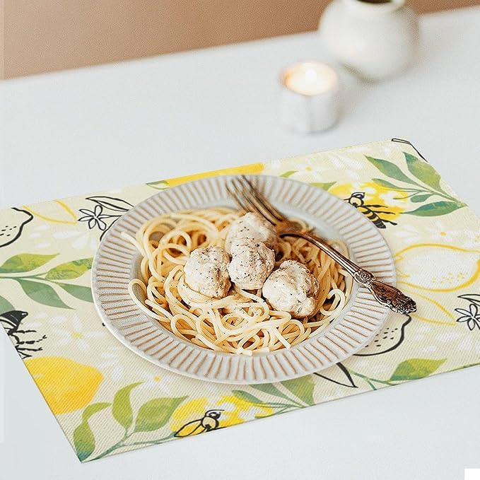 Lemon Table Placemats Set of 4 Farm Food Bee Animal Flower Placemat Set Farmhouse Kitchen Dining Holiday Party Waterproof Washable Table Mats for Kitchen Dining Decoration 4 PCS