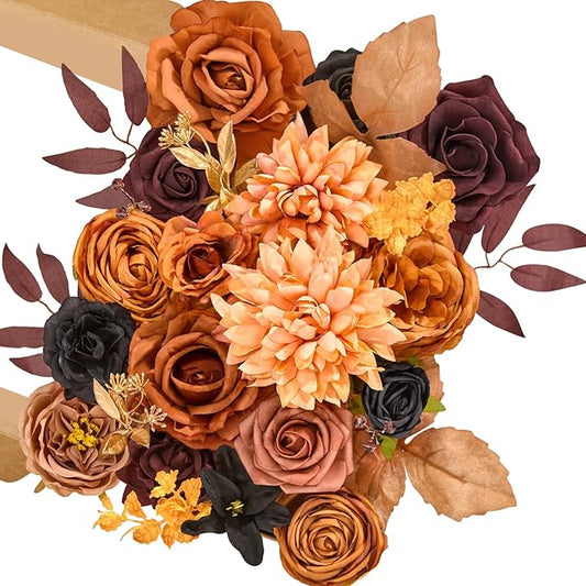 Serwalin Artificial Orange & Black Flowers, Silk Fake Flowers for DIY Wedding Bouquets Cake Flower, Harvest Table Centerpieces Birthday Party Home Halloween Decorations