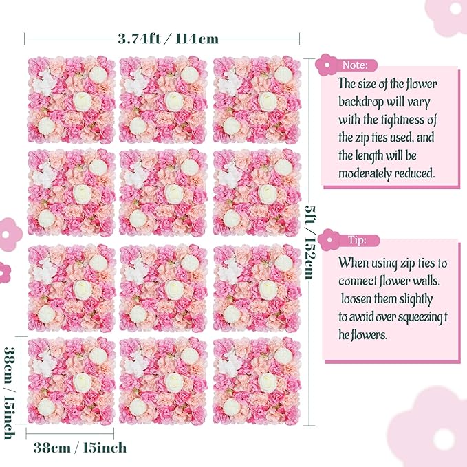 Rose Flower Wall Backdrop Panels 5ftx3.74ft Pink White Artificial Wedding Backdrop 3D Fake Floral Wall for Baby Shower Birthday Party Stage Photo Home Decor