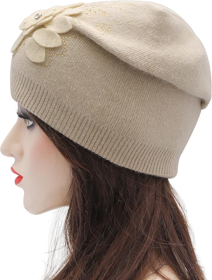 ZLYC Women Floral Slouchy Beanie Hat Double Layer Winter Knit Skull Cap