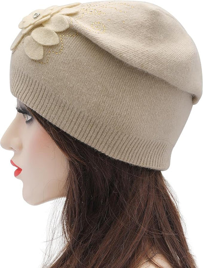 ZLYC Women Floral Slouchy Beanie Hat Double Layer Winter Knit Skull Cap