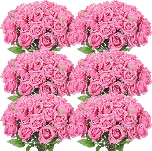Jexine 50 Pcs Artificial Rose Flower Bulk Realistic Silk Fake Roses with Long Stem Plastic Artificial Flower Bouquet Real Looking for Home Wedding Centerpieces Party Decoration(Dark Pink Champagne)