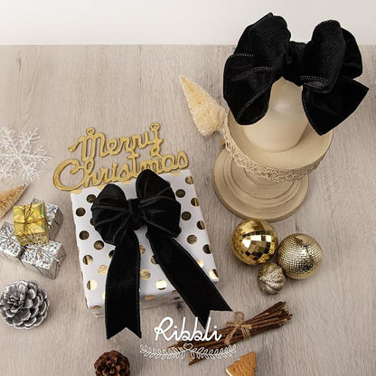 Ribbli Black Velvet Wired Ribbon 1.5 Inch Velvet with Satin Christmas Ribbon for Gift Wrapping Christmas Tree Decoration Crafts Wreaths Supplies-Continuous 10 Yards