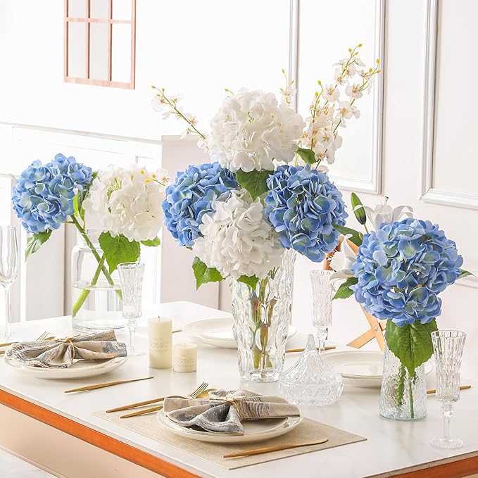 2Pcs Hydrangea Artificial Flowers, 22.44" Real Touch Latex Faux Hydrangea with Long Stems & Leaves for Home Office Decor or Wedding, Party, Centerpieces, Floral Arrangements (Blue)