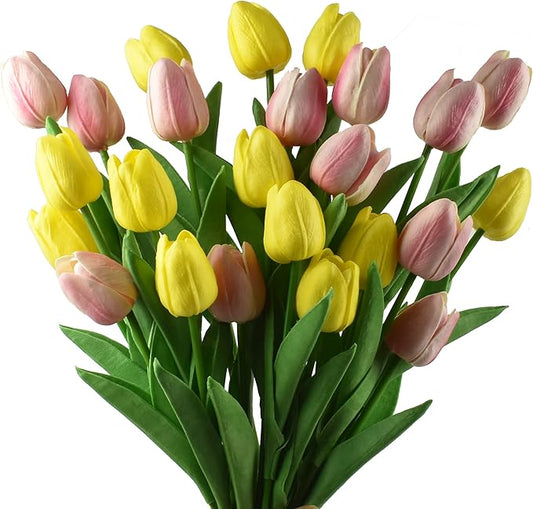 24pcs Artificial Tulips Flowers Fake Faux Tulip Bouquet Real Touch Flower Arrangement for Home Decoration Excellent Gift Idea for Mothers Day (Pink and Yellow)