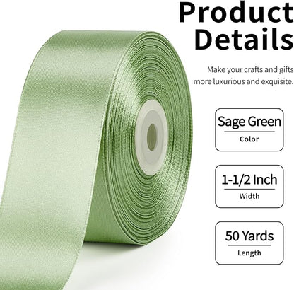 1-1/2 Inch Wide Sage Green Satin Ribbon, 50 Yards Solid Polyester Fabric Ribbon for Roses Making, Gift Wrapping, Christmas, Wedding Decorations, Crafts, Bows