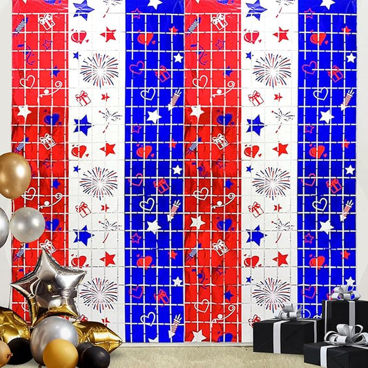 4th of July Decorations, 2 Packs 3.3x6.6ft 4th of July Photo Backdrop Streamer，Red White and Blue Tinsel Foil Fringe Curtains for Independence Day, America Patriotic, Memorial Day, Labor Day