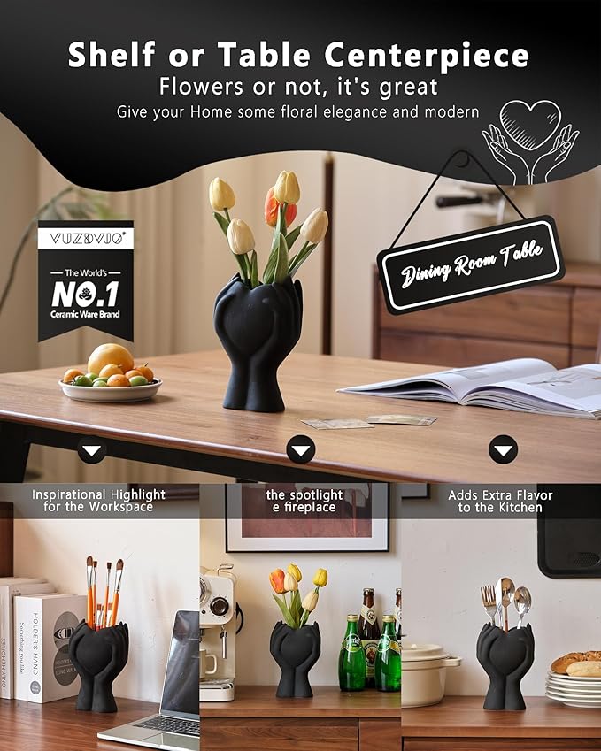8" Heart Hand Black Ceramic Vase - Unique Modern Aesthetic Flowers Vase for Living Room Bedroom Office Kitchen Table Centerpiece or Shelf Decor-Gifts for Wedding Bridal Shower Women Mom (Black)