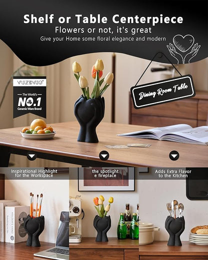 8" Heart Hand Black Ceramic Vase - Unique Modern Aesthetic Flowers Vase for Living Room Bedroom Office Kitchen Table Centerpiece or Shelf Decor-Gifts for Wedding Bridal Shower Women Mom (Black)