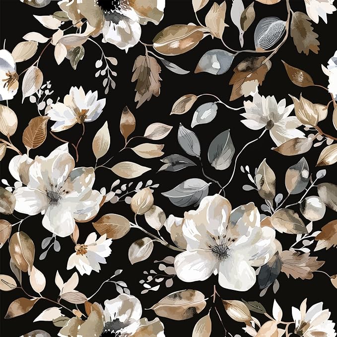 Vintage Dark Black Floral Peel and Stick Wallpaper Modern Botanical Flower Waterproof Removable Self Adhesive Vinyl Contact Wall Paper for Farmhouse Bathroom 17.7" X 354" Roll
