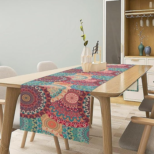 Bohemian Table Runner, Colorful Traditional Blue Pink Mandala Flower Table Runner for Kitchen Dining Cafe Party Decor, 13x60 Inch