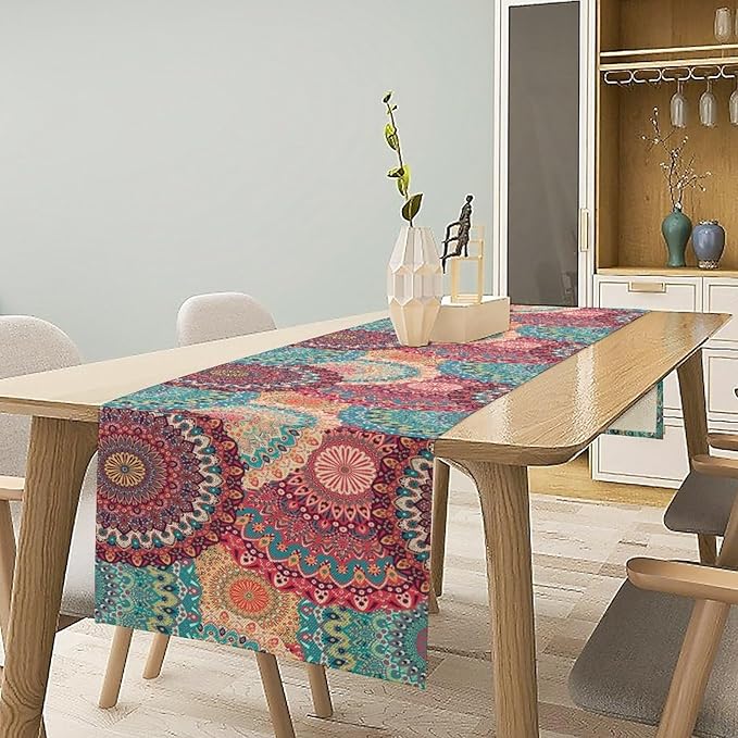 Bohemian Table Runner, Colorful Traditional Blue Pink Mandala Flower Table Runner for Kitchen Dining Cafe Party Decor, 13x70 Inch