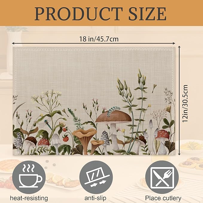 Mushroom Plants Placemats Set of 6,Washable Heat Resistant 12×18 Inch Linen Table Mats Fall Place Mats for Party Outdoor Dining Décor