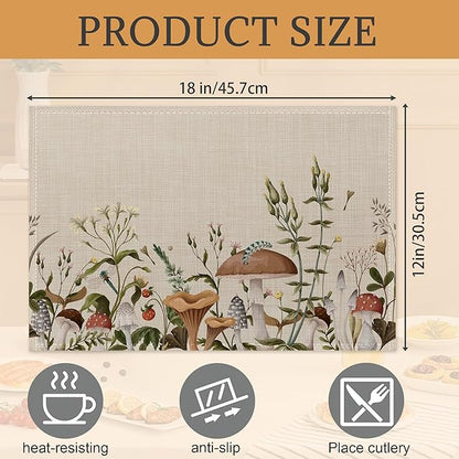 Mushroom Plants Placemats Set of 6,Washable Heat Resistant 12×18 Inch Linen Table Mats Fall Place Mats for Party Outdoor Dining Décor