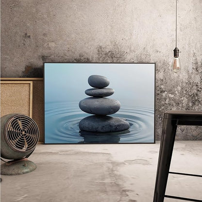 Zen wall art Harmonious grey stones stacked on a calm surface of water Serene Zen decor suitable for tranquil homes and spaces of meditation 8x12in Metal blackFramed