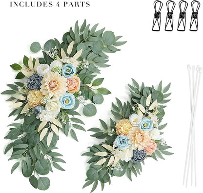 Artificial Blush Pink Wedding Arch Flower Swags Set of 2 for Wedding Welcome Signs and Ceremony Decorations, Blue Flowers