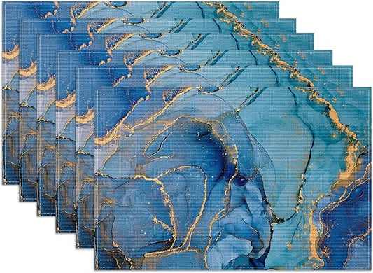 Blue Gold Marble Placemats Set of 6, Linen Place Mat Washable Stain Resistant Table Mats for Farmhouse Kitchen Dining Party Wedding Decor 12x18 Inch