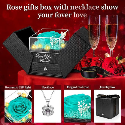 Preserved Blue Real Rose with Heart I Love You Necklace -Eternal Flowers Rose Birthday Gifts for Her Mom Wife Girlfriend Grandma on Valentines Mothers Day Christmas Anniversary Romantic-Negro Blue