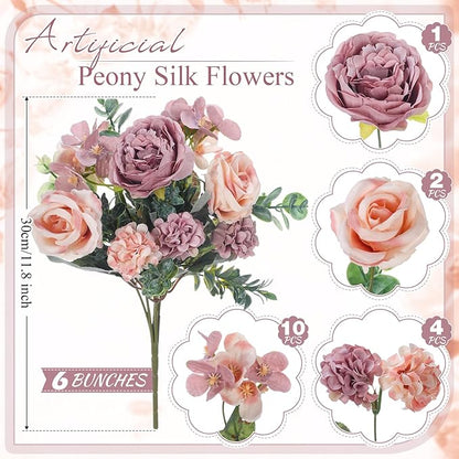 6 Pcs Artificial Peony Silk Florals Fake Mix Silk Peony Rose Faux Flower Hydrangea Bouquet Elegant Realistic Wedding Floral Centerpiece for Home Party Table Arrangement (Champagne with Purple)
