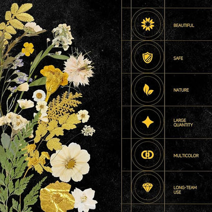 85 Pcs Dried Flowers for Crafts, Real Natural Dried Pressed Flowers in Golden & White for Resin, DIY Art, Jewelry, Candle & Soap Making – Tweezers Included