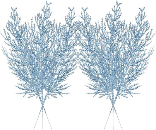 Christmas Glitter Stems 24pcs Artificial Pine Tree Picks for Christmas Tree Ornaments fillers, DIY Xmas Wreath, Crafts, Garland, Holiday, Party, Wedding and Home Decoration (Light Blue)