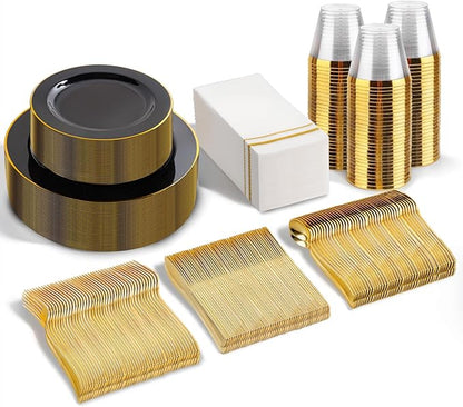 SUT 350-Piece Black and Gold Disposable Plates - Elegant Plastic Dinnerware for 50 Guests, Includes Cups & Napkins | Durable Leak-Proof Design for Weddings, Birthdays, Holidays