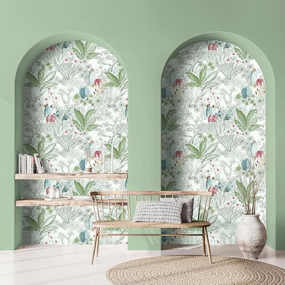 Erfoni 17.7inch x 393.7inch Floral and Leaf Wallpaper Floral Peel and Stick Wallpaper Green Contact Paper Vintage Flower Wallpaper Stick and Peel Self Adhesive Removable Wallpaper for Bedroom Decor