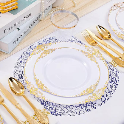 Hysenm 50 Pcs Disposable Blue Placemats Set Metallic 13 Inch Round Table Doilies, Ultra-Thin Messy Lines Disposable Placement Mats for Home Decoration Dining Table Wedding Birthday Party