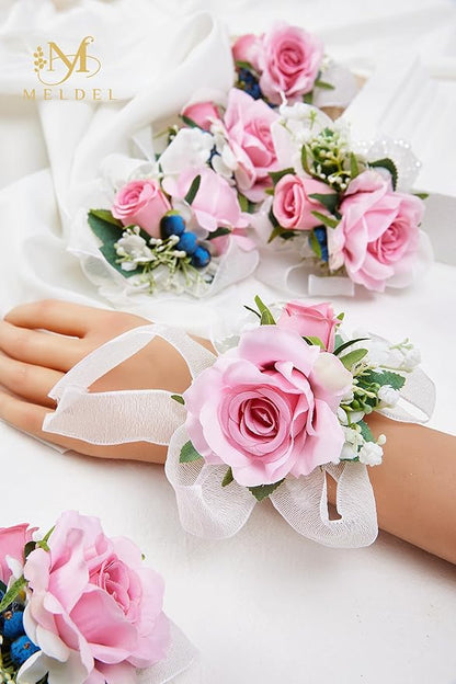 Meldel Pink Wrist Corsage for Wedding Bride Bridesmaids Bridal Shower, Set of 6, Corsages for Prom Suit Accessories, Mother of Bride and Groom, Wrist flower for Party Suit Decoration Ceremony