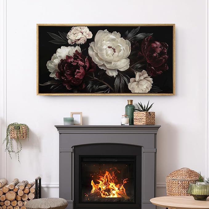 SIGNFORD Extra Large Framed Canvas Print Wall Art Vintage Peonies Classic Floral Painting in Deep Tones Illustrations Modern Art Relax/Calm Warm for Living Room, Bedroom, Office - 60"x30"
