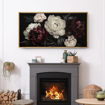SIGNFORD Extra Large Framed Canvas Print Wall Art Vintage Peonies Classic Floral Painting in Deep Tones Illustrations Modern Art Relax/Calm Warm for Living Room, Bedroom, Office - 60"x30"