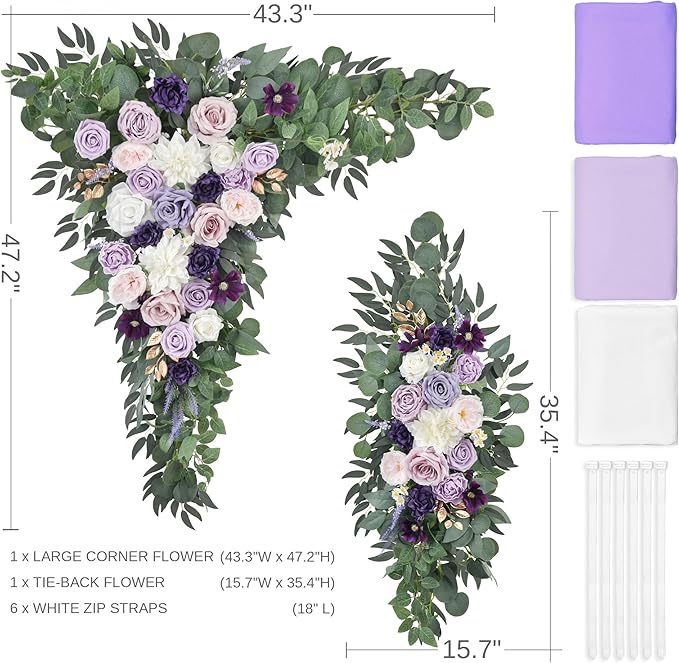 Wedding Arch Flowers Kit (Pack of 5) 2pcs Purple Artificial Floral Swag and 3pcs Draping Fabric for Wedding Flower Arch Decor Ceremony Arbor Reception and Backdrop (Lilac and White)